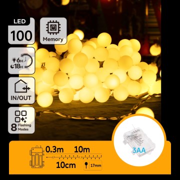 Aigostar - kültéri LED fényfüzér 100xLED/3xAA/8 világítási mód 10,3 m IP44 meleg fehér