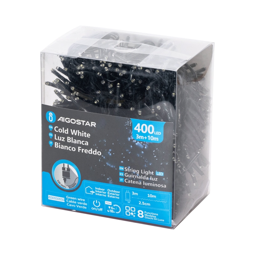 Aigostar - kültéri LED fényfüzér, 400 LED, 8 funkció, 13 m, IP44, hideg fehér