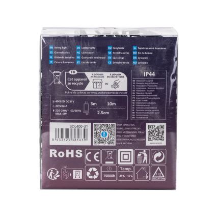 Aigostar - kültéri LED fényfüzér, 400 LED, 8 funkció, 13 m, IP44, hideg fehér