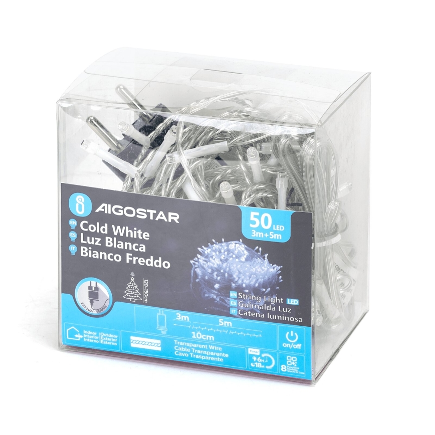Aigostar - kültéri LED fényfüzér, 50 LED / 8 funkció, 8 m, IP44, hideg fehér