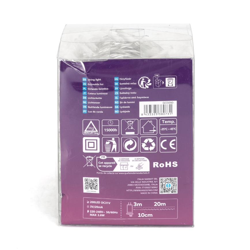 Aigostar - Kültéri LED füzér, 200 db LED, 8 üzemmód, 23 m, IP44, meleg fehér