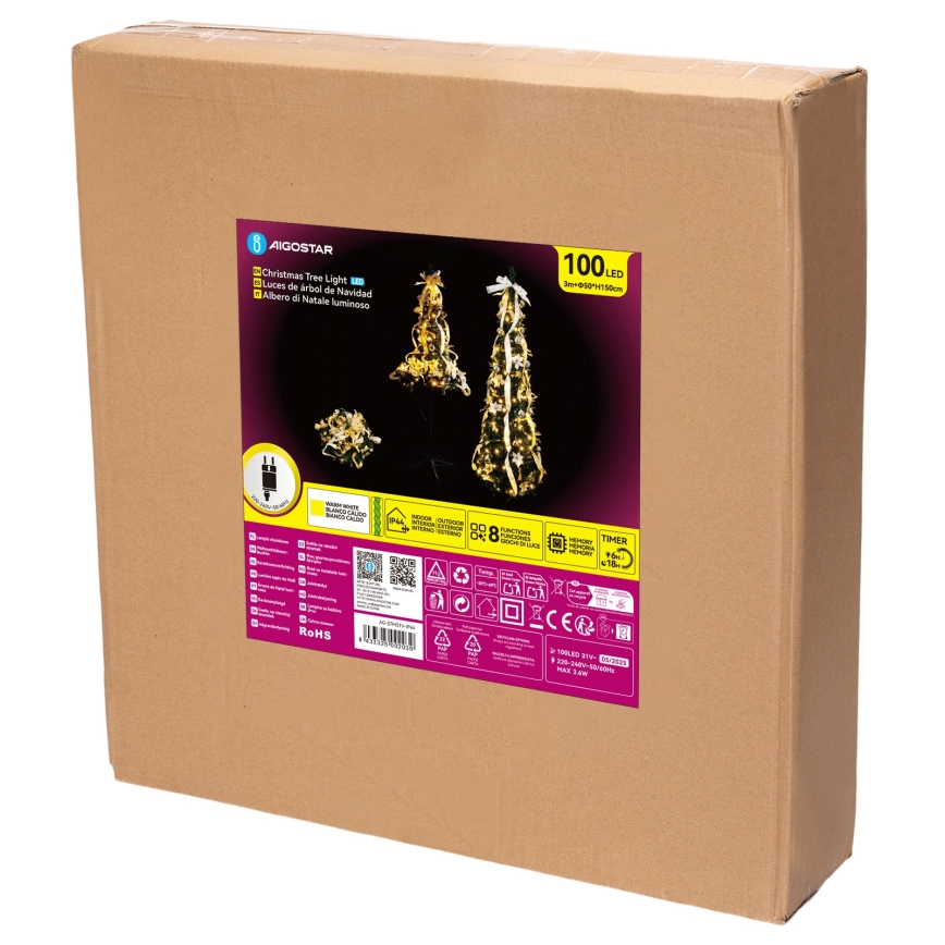 Aigostar - LED kültéri karácsonyfa 100 LED, 1,5 m, IP44, fehér/arany, meleg fehér