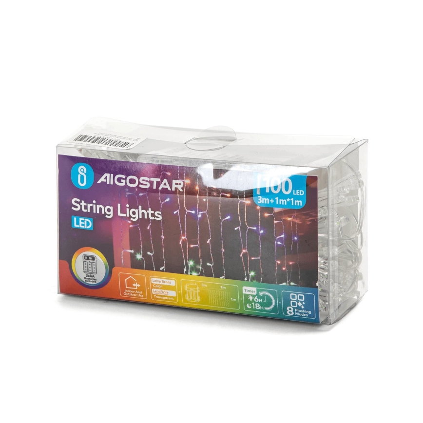 Aigostar - LED kültéri karácsonyi fényfüzér 100xLED/8 funkció 3xAA 4x1m IP44 színes