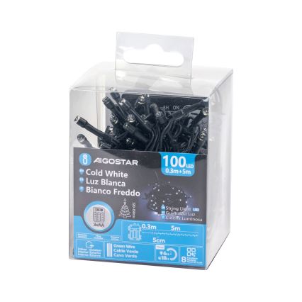Aigostar - LED kültéri karácsonyi fényfüzér 100xLED/8 üzemmód 3xAA 5,3 m IP44 hideg fehér
