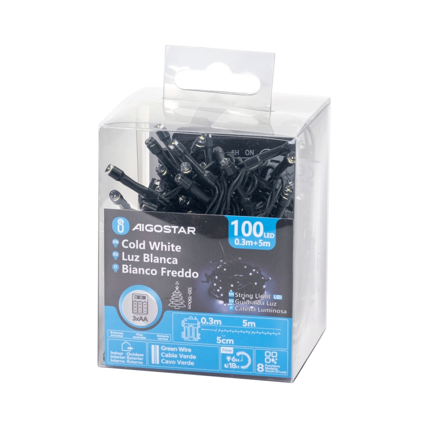 Aigostar - LED kültéri karácsonyi fényfüzér 100xLED/8 üzemmód 3xAA 5,3 m IP44 hideg fehér