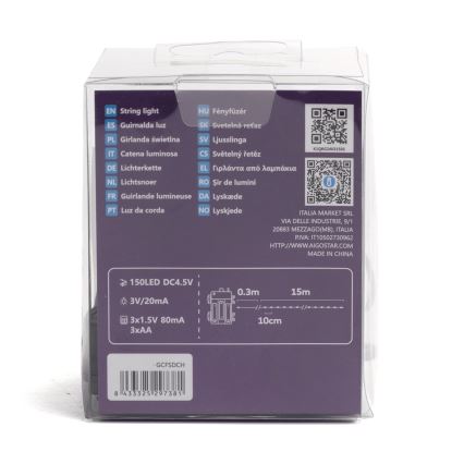 Aigostar - LED kültéri karácsonyi fényfüzér 150xLED/8 funkció 3xAA 15,3m IP44 színes