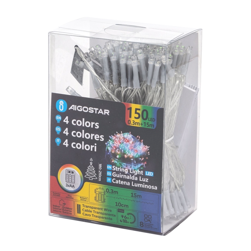 Aigostar - LED kültéri karácsonyi fényfüzér 150xLED/8 funkció 3xAA 15,3m IP44 színes