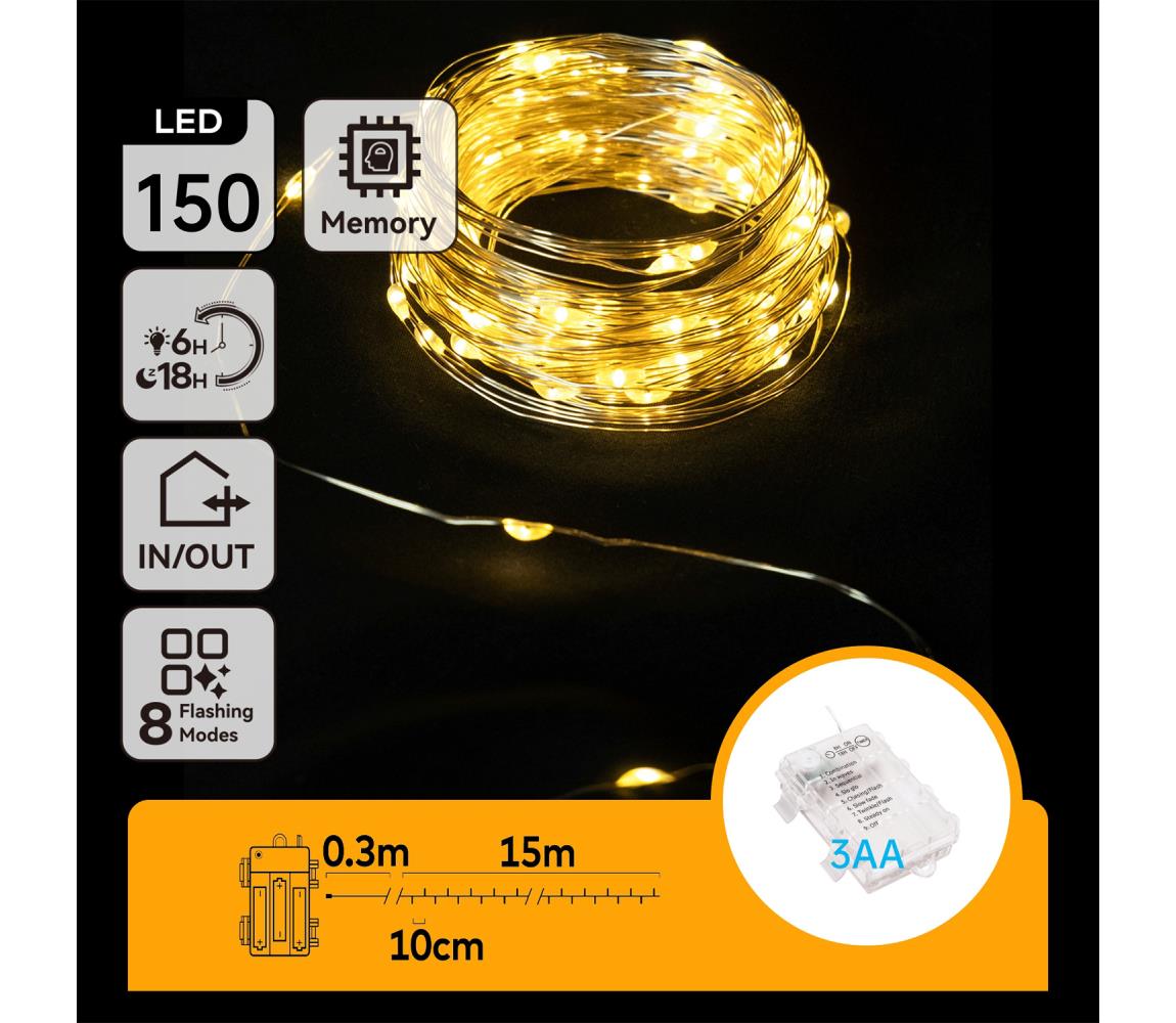 B.V.  kültéri LED karácsonyi fényfüzér 150 LED, 8 funkció, 15,3m, IP44, meleg B10303K1B