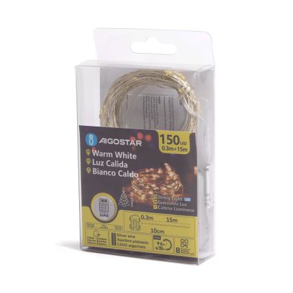Aigostar - LED Kültéri karácsonyi fényfüzér 150xLED/8 funkció 3xAA 15,3m IP44 meleg fehér