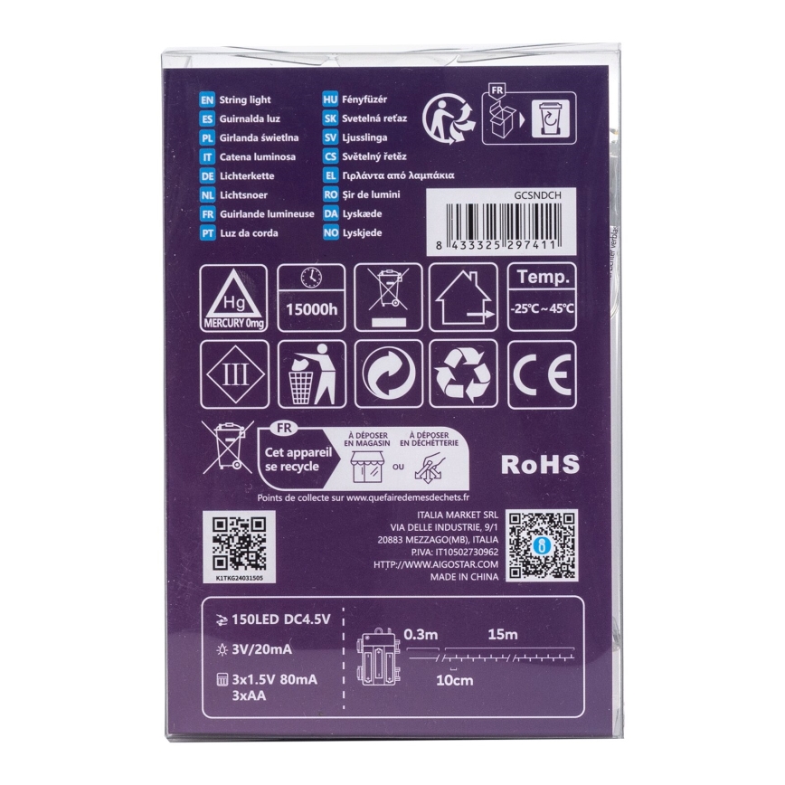 Aigostar - LED Kültéri karácsonyi fényfüzér 150xLED/8 funkció 3xAA 15,3m IP44 meleg fehér