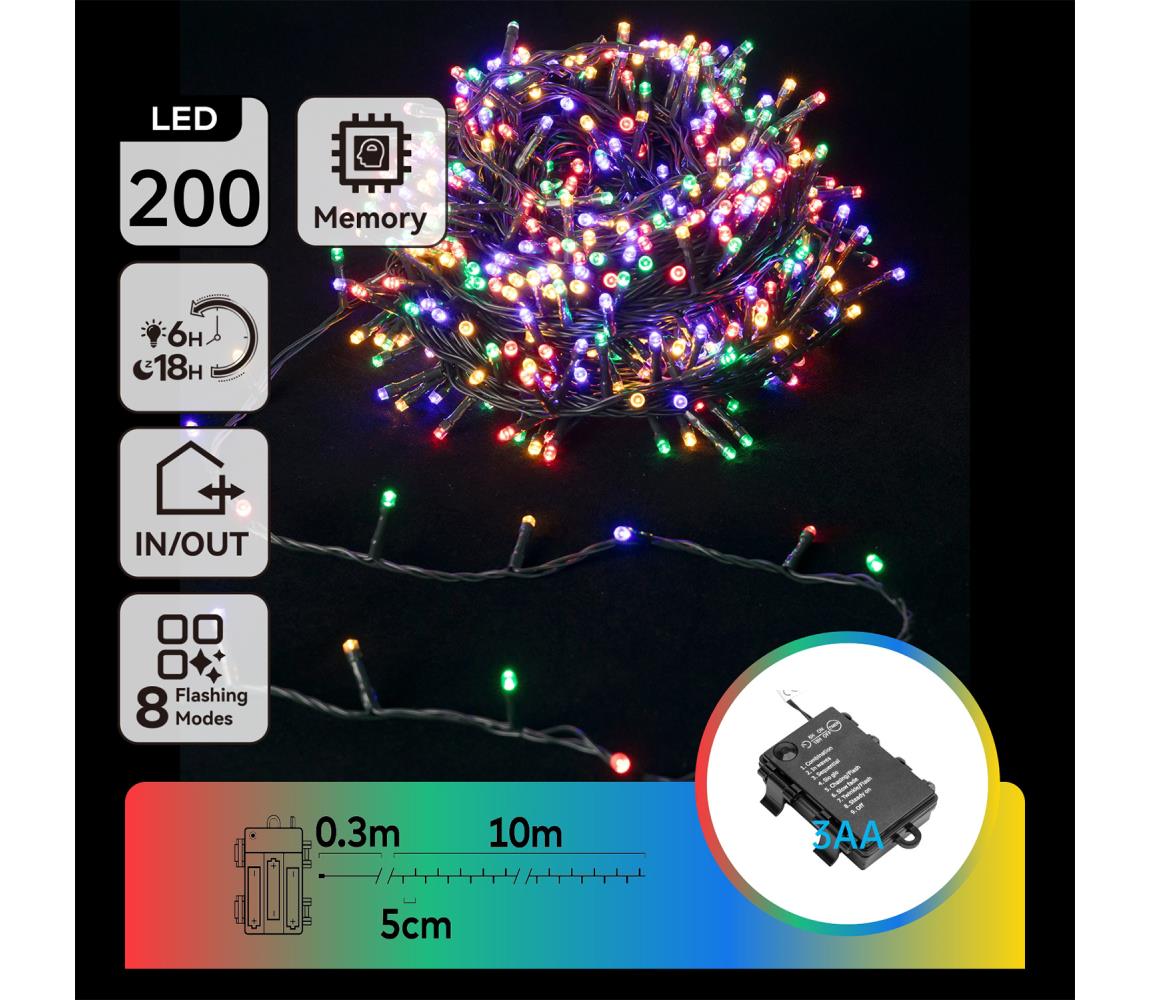 B.V.  kültéri LED karácsonyi fényfüzér 200 LED, 8 funkció, 10,3m, IP44, multi B10303K2Q