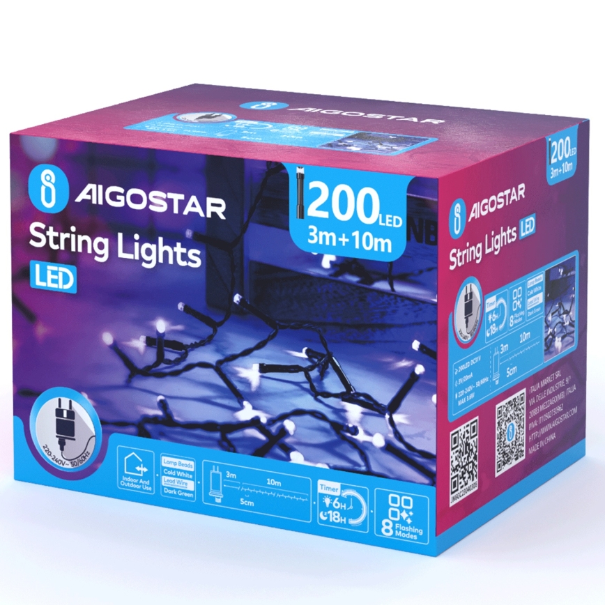 Aigostar - LED kültéri karácsonyi fényfüzér 200xLED/8 funkció 13m IP44 hideg fehér