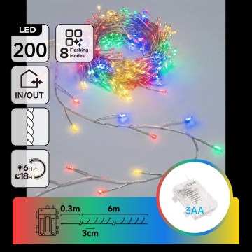 Aigostar - kültéri LED karácsonyi fényfüzér 200xLED/8 üzemmód 3xAA 6,3m IP44 többszínű