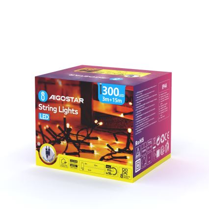 Aigostar - LED kültéri karácsonyi fényfüzér 300xLED/8 funkció 18m IP44 meleg fehér