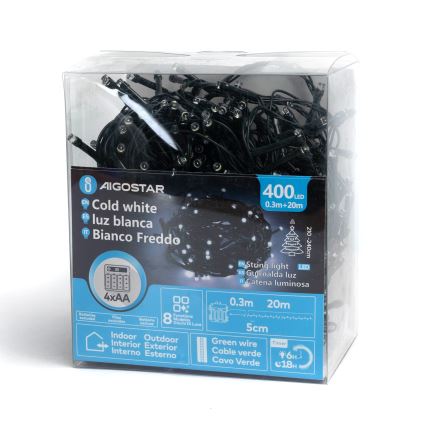 Aigostar - LED kültéri karácsonyi fényfüzér 400xLED/8 funkció 4xAA 20,3 m IP44 hideg fehér