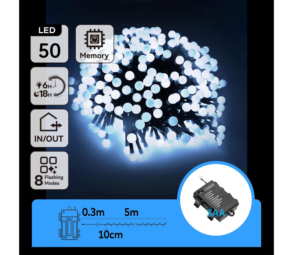 B.V.  kültéri LED karácsonyi fényfüzér 50 LED, 8 funkció, 5,3m, IP44, hideg f B10303K5K