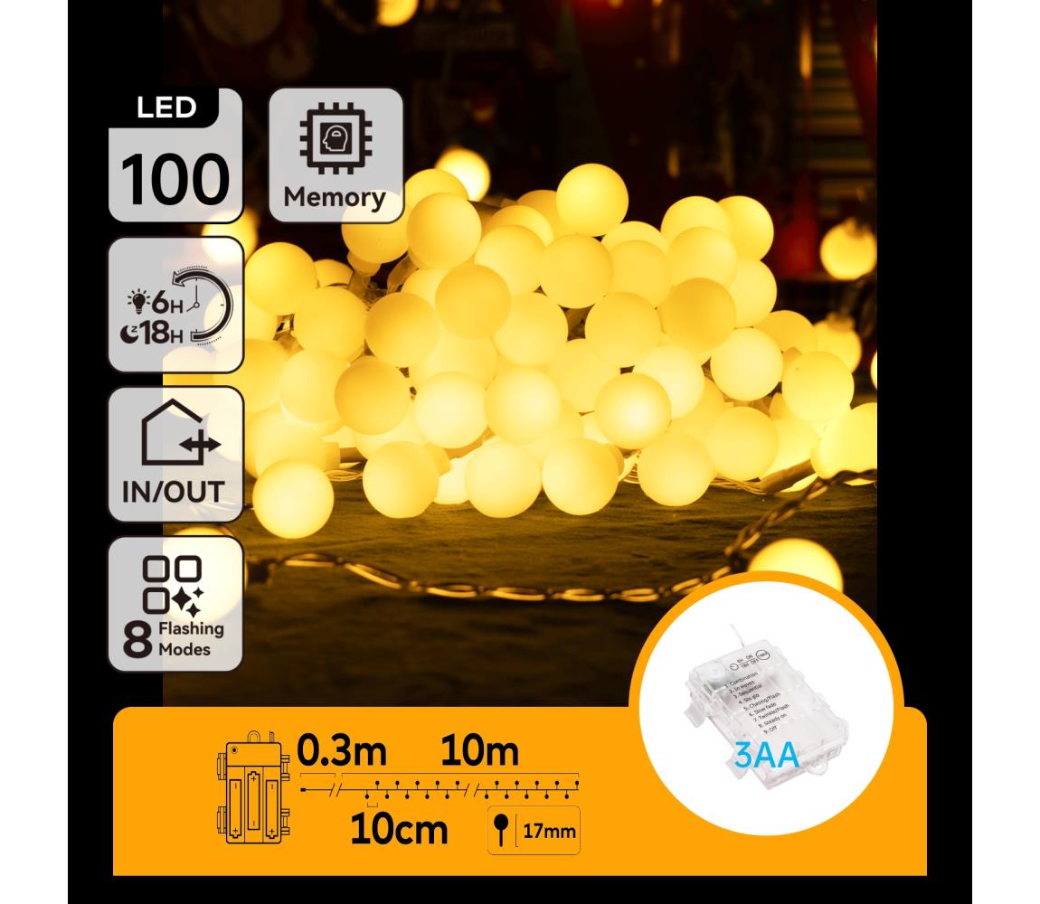B.V. kültéri LED lánc 100 LED, 3xAA, 8 funkció, 10,3 m, IP44, meleg fehér B10303K4H