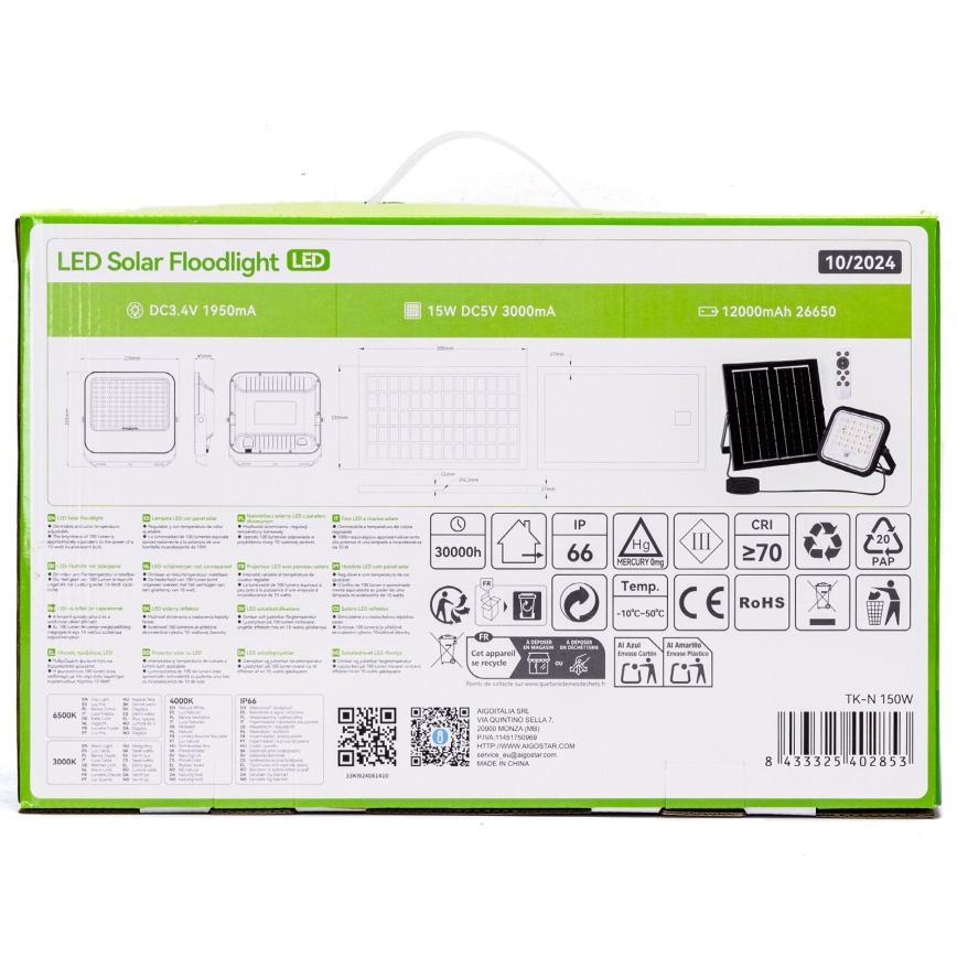 Aigostar - LED állítható fényerejű napelemes reflektor LED/150W/3,4V 3000/4000/6500K IP66 12000 mAh + távirányító