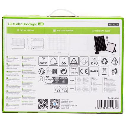 Aigostar - LED állítható fényerejű napelemes reflektor LED/200W/3,4V 3000/4000/6500K IP66 16000 mAh + távirányító