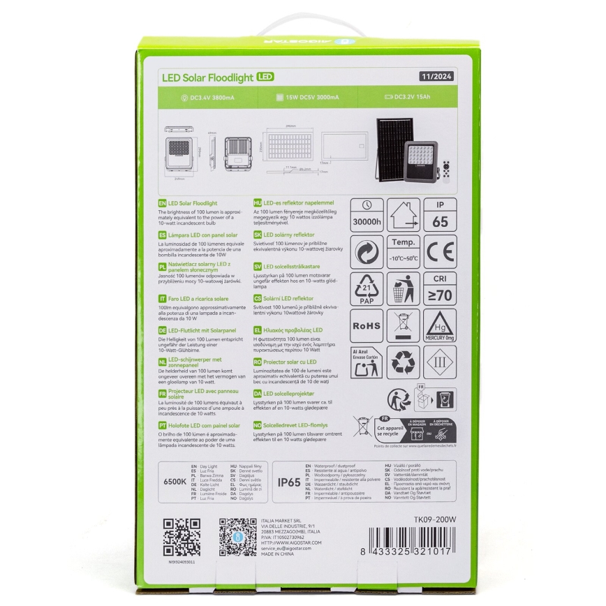 Aigostar - LED állítható fényerejű napelemes reflektor LED/200W/3,4V IP65 15000 mAh + távirányító