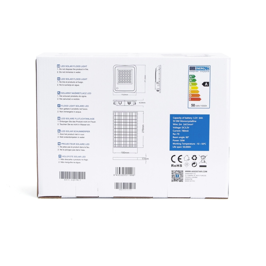 Aigostar - LED állítható fényerejű napelemes reflektor LED/50W/3,2V IP65 6000 mAh + távirányító