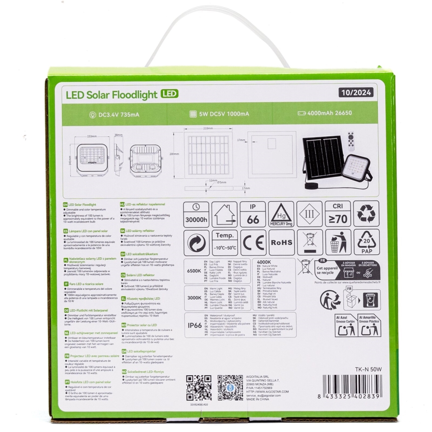 Aigostar - LED állítható fényerejű napelemes reflektor LED/50W/3,4V 3000/4000/6500K IP66 4000 mAh + távirányító