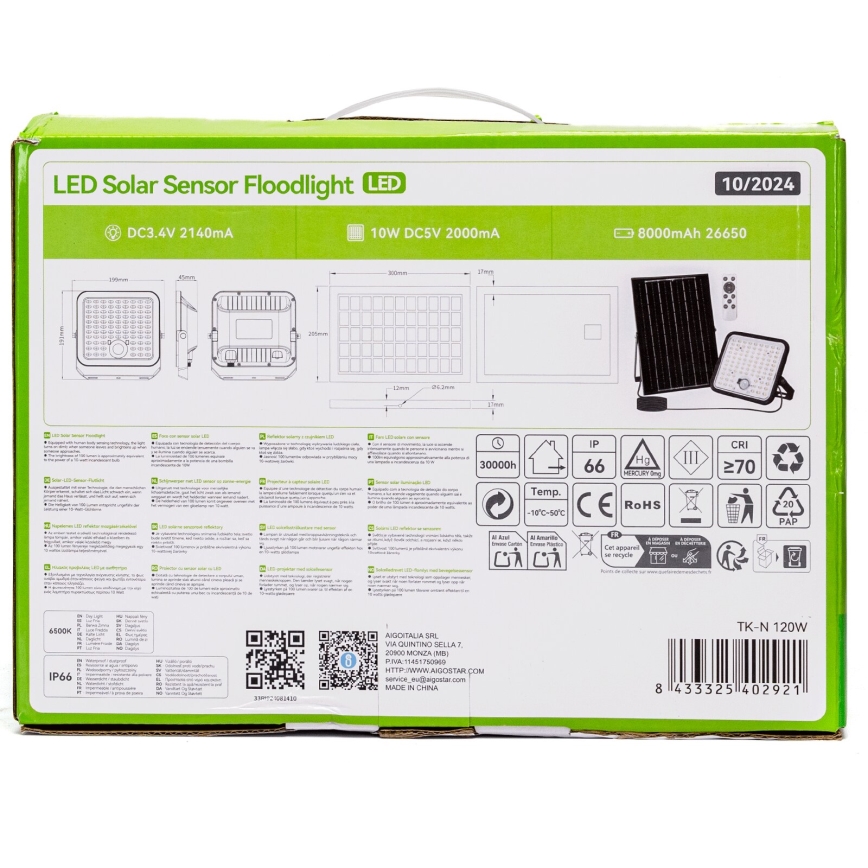 Aigostar - LED állítható fényerejű napelemes reflektor érzékelővel LED/120W/3,4V 6500K IP66 8000 mAh + távirányító