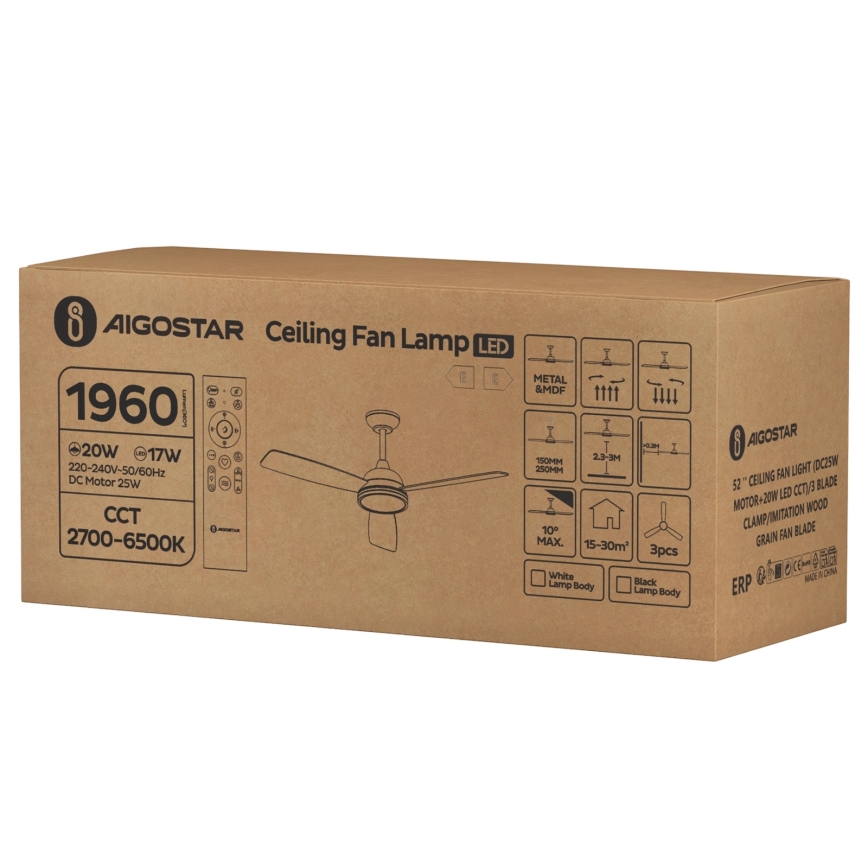 Aigostar - LED állítható fényerejű mennyezeti ventilátor LED/20W/230V 2700-6500K 132cm barna + távirányító