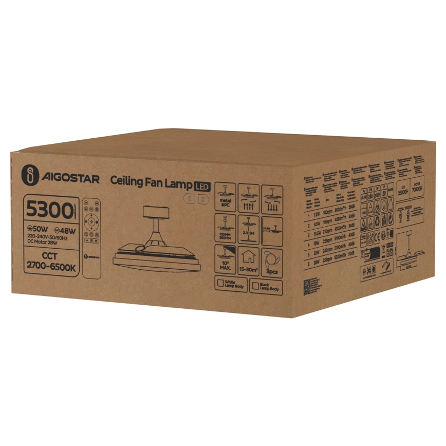 Aigostar - LED dimmelhető mennyezeti ventilátor LED/50W/230V 2700-6500K 106 cm fehér + távirányító