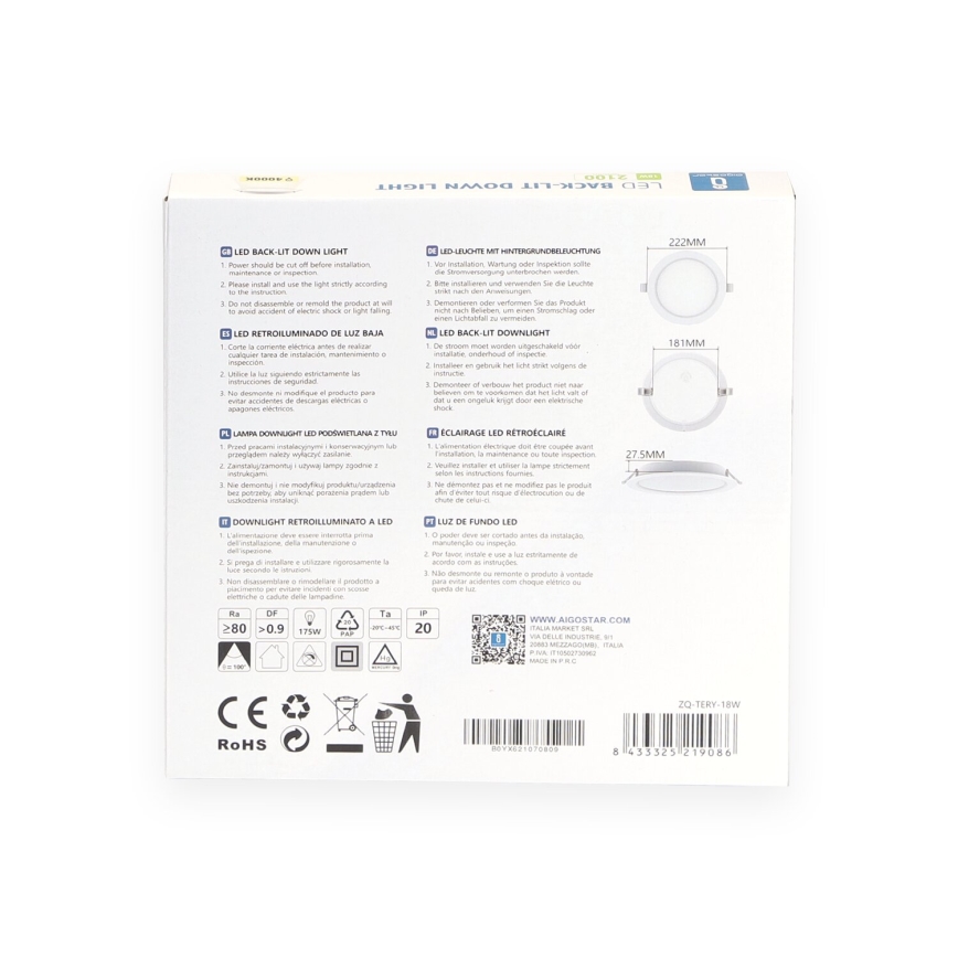 Aigostar - LED Beépíthető lámpa LED/18W/230V 4000K átm. 22 cm fehér