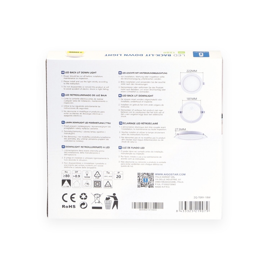 Aigostar - LED beépíthető lámpatest LED/18W/230V 3000K átm. 22,2 cm fehér