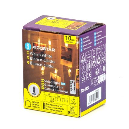 Aigostar - LED dekorációs fényfüzér 10xLED/5W/USB 5 m meleg fehér