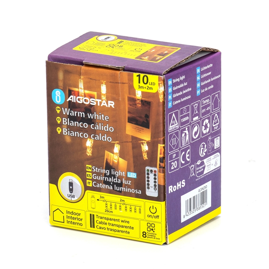 Aigostar - LED dekorációs fényfüzér 10xLED/5W/USB 5 m meleg fehér
