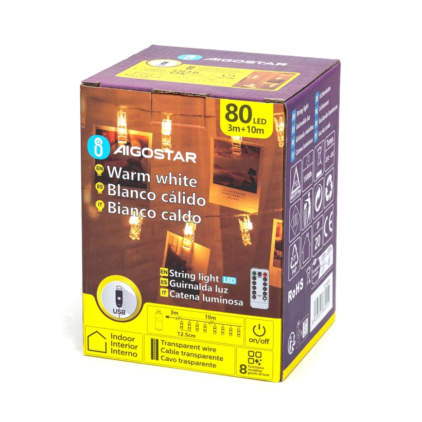 Aigostar - LED dekorációs fényfüzér 80xLED/5W/USB 13 m meleg fehér
