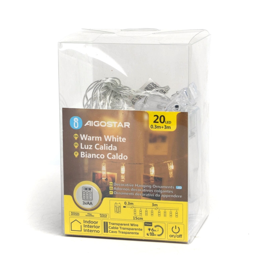 Aigostar - LED dekorációs fényfüzér csipeszekkel 20xLED/3xAA 3,3 m meleg fehér