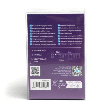 Aigostar - LED dekorációs fényfüzér csipeszekkel 20xLED/3xAA 3,3 m meleg fehér