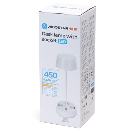 Aigostar - Dimmelhető LED asztali lámpa aljzatokkal és USB-porttal LED/4,6W/230V 3000/4000/6500K fehér