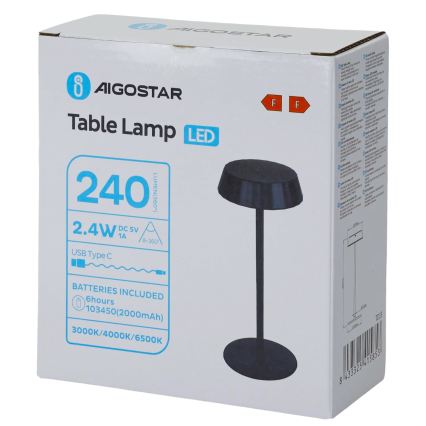 Aigostar - Fényerőszabályozható LED asztali lámpa AMBIENT LED/2,4W/5V 3000-6500K fekete 2000 mAh