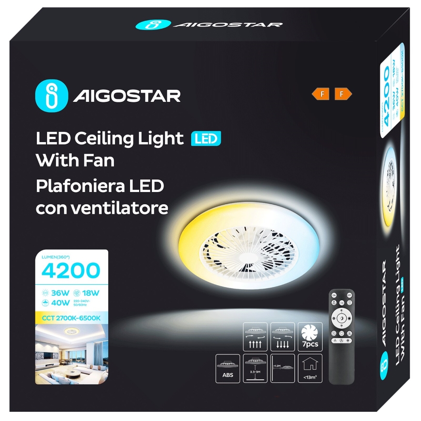 Aigostar - LED Dimmelhető mennyezeti ventilátor LED/40W/230V 2700-6500K átm. 49 cm + távirányítás fehér