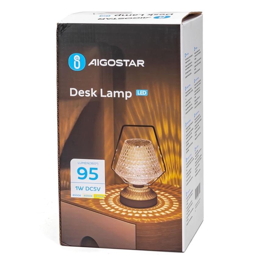 Aigostar - LED Dimmelhető újratölthető asztali lámpa LED/1W/5V 2700/4000/6500K 1800mAh 20 cm