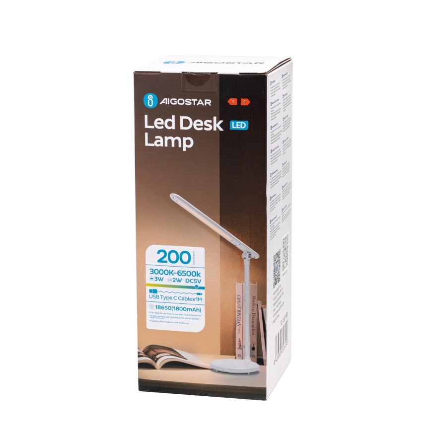 Aigostar - LED állítható fényerejű, tölthető érintős asztali lámpa LED/3W/5V 2700/4000/6500K 1800 mAh
