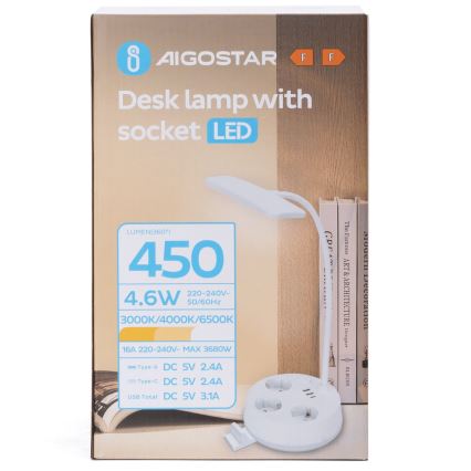 Aigostar - LED fényerőszabályozható asztali lámpa dugaljakkal és USB-porttal LED/4,6W/230V 3000/4000/6500K fehér