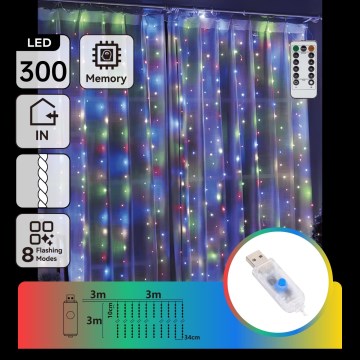 Aigostar - LED fényerőszabályozható karácsonyi fényfüzér 300xLED/8 funkció USB 6x3m többszínű + távirányító