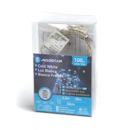 Aigostar - LED fényfüzér 100xLED/3xAA 10,3m hideg fehér