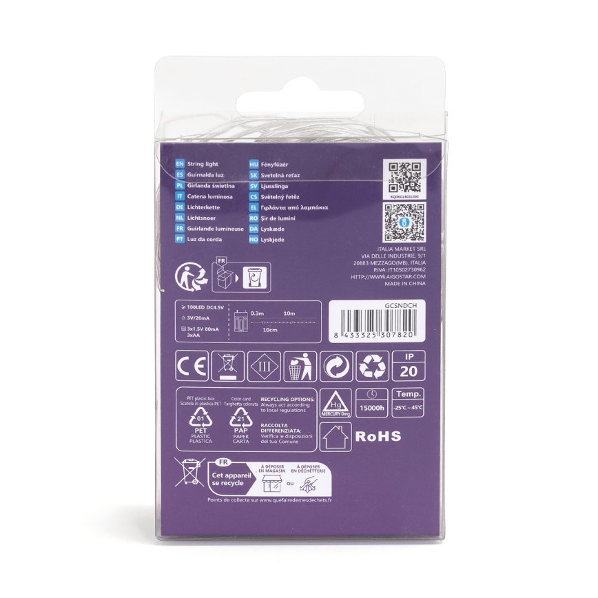 Aigostar - LED fényfüzér 100xLED/3xAA 10,3m meleg fehér