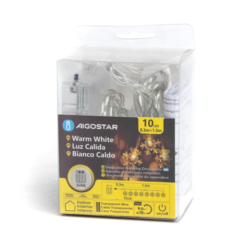 Aigostar - LED fényfüzér 10xLED/3xAA 1,5m meleg fehér hópelyhek