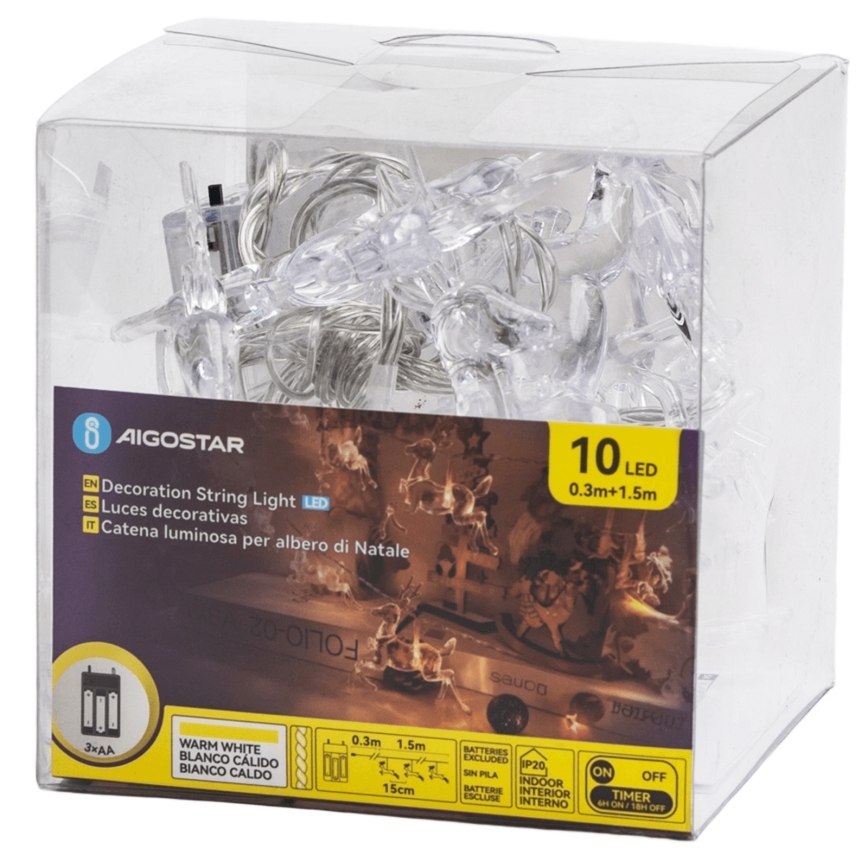 Aigostar - LED fényfüzér 10×LED/3×AA, 1,5 m, meleg fehér, szarvasokkal