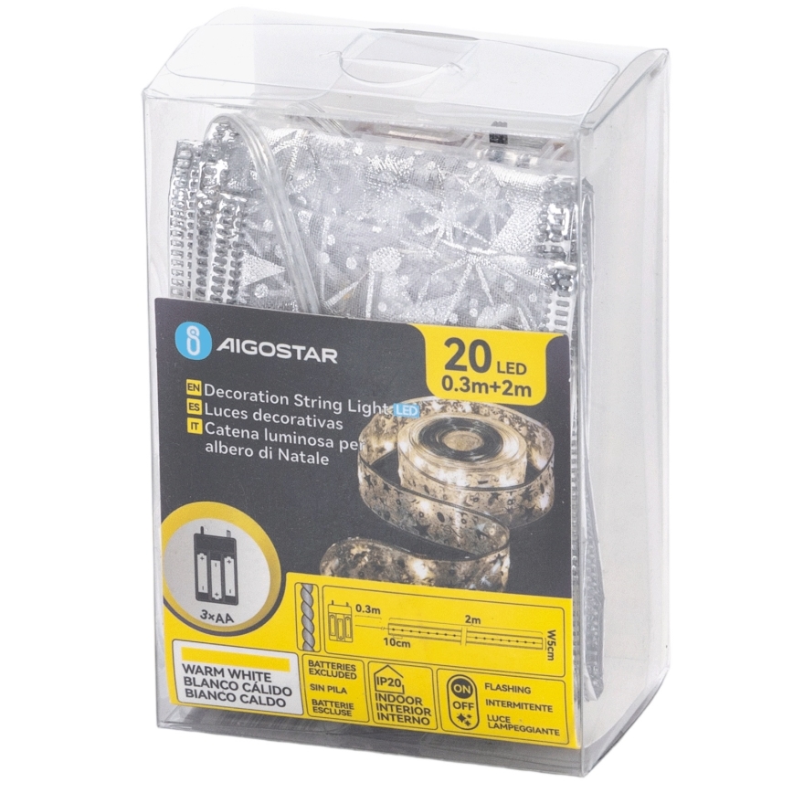 Aigostar - LED fényfüzér 20xLED/3xAA, 2 m, meleg fehér, ezüst