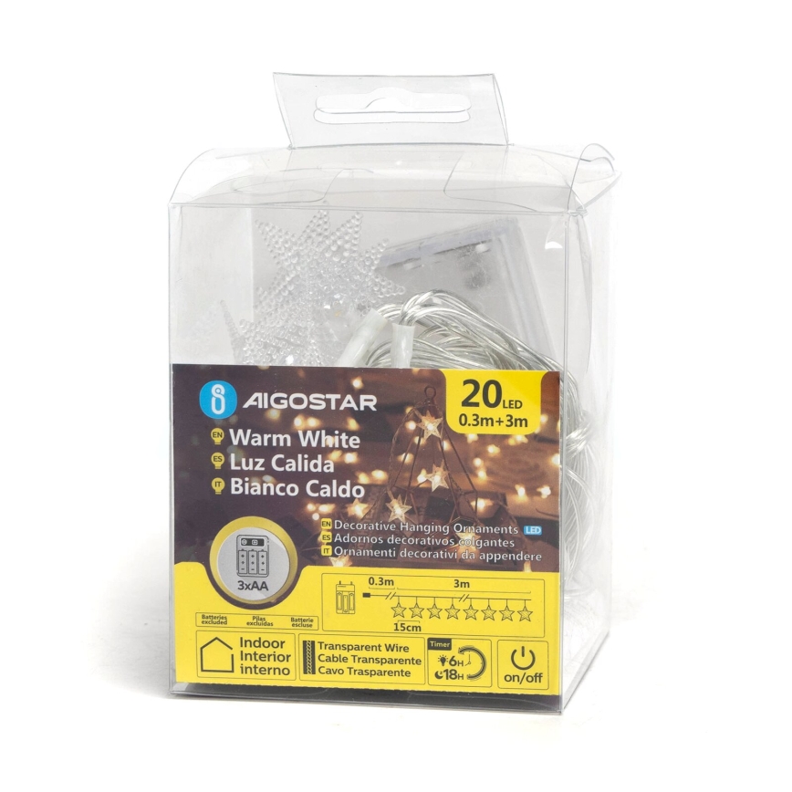 Aigostar - LED fényfüzér 20xLED/3xAA 3,3m csillagok