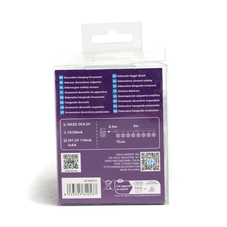 Aigostar - LED fényfüzér 20xLED/3xAA 3,3m hópelyhek